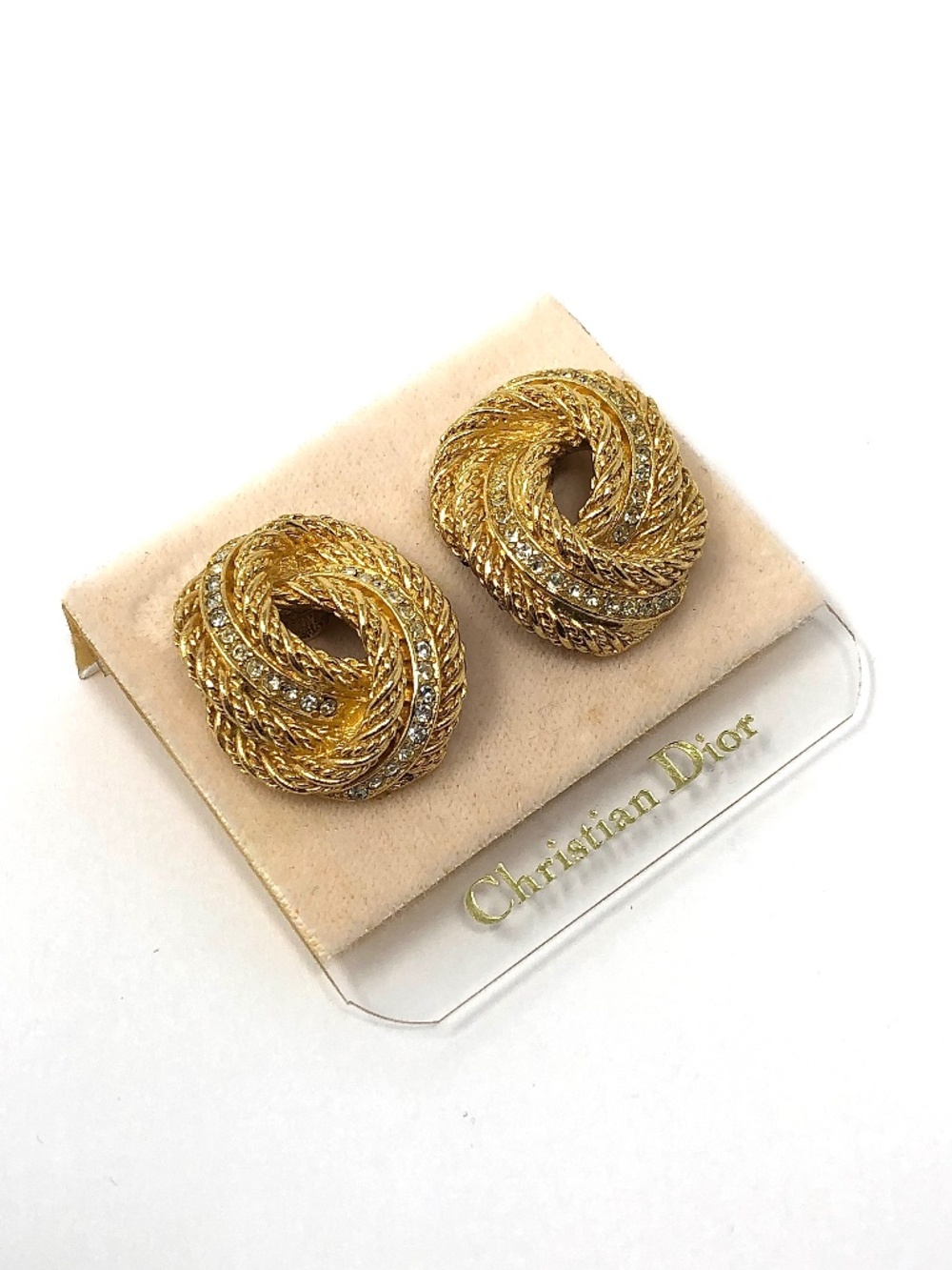 Christian Dior vintage gold tone knot and pave set rhinestone clip-on earrings